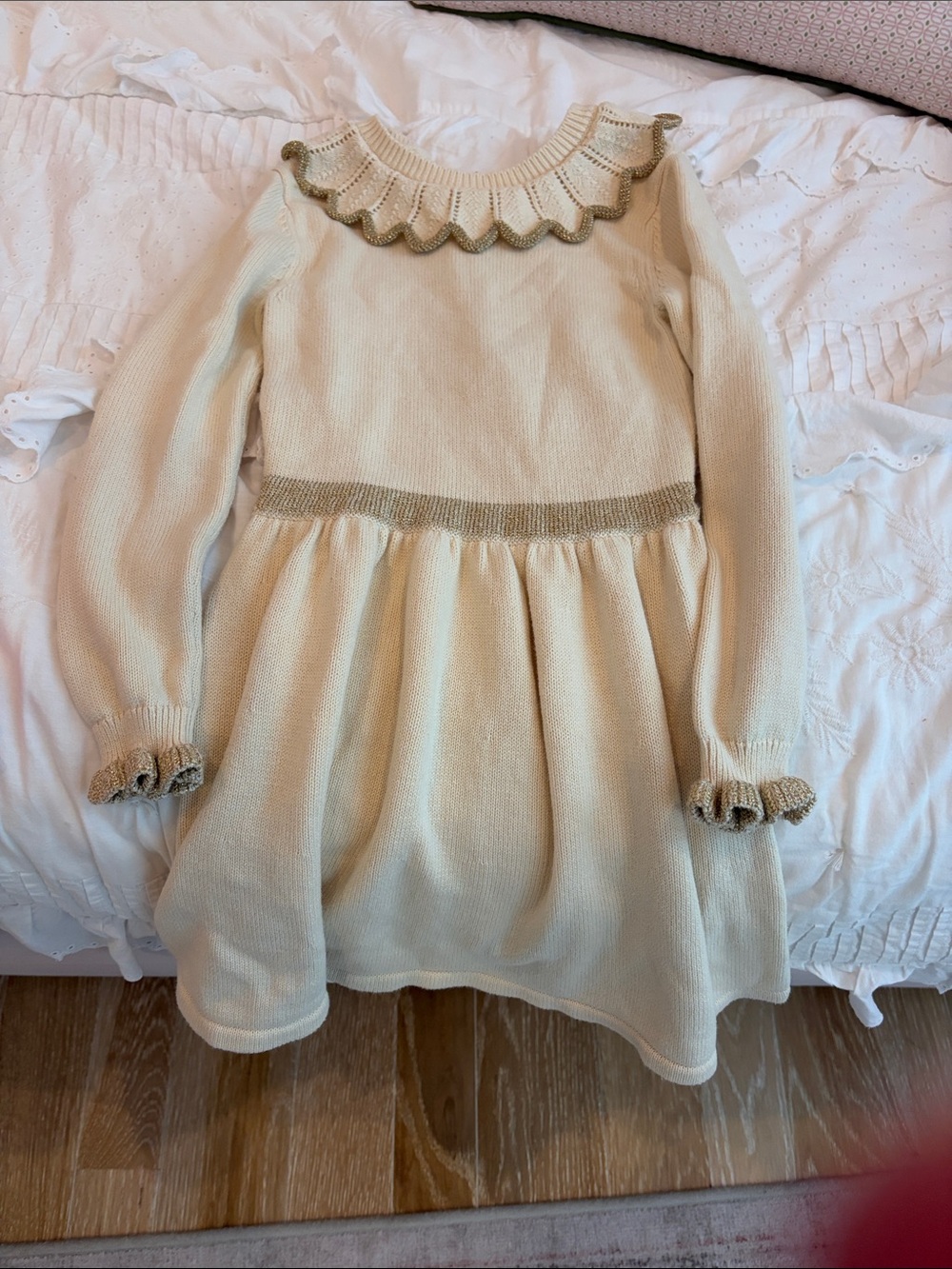 Mini Boden Cream Knit Dress with Gold Trim